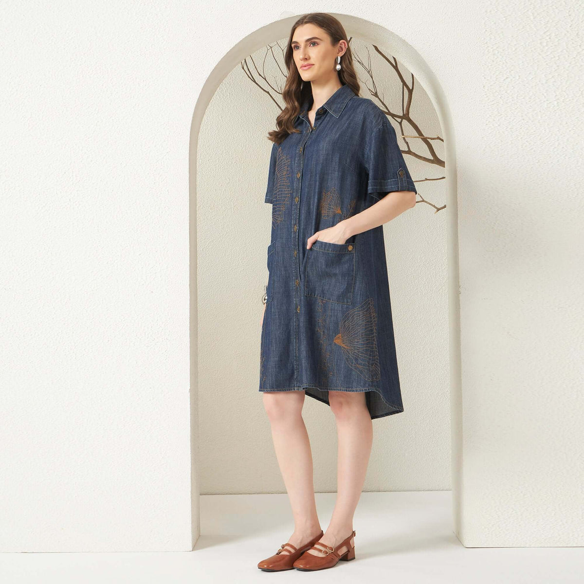 Embroidered Denim Shirt Dress