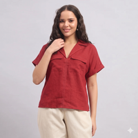 Linen Safari Shirt in Lipstick Red