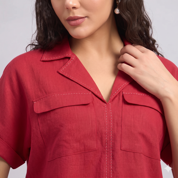 Linen Safari Shirt in Lipstick Red