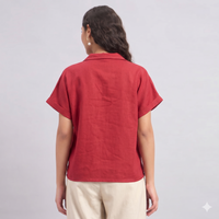 Linen Safari Shirt in Lipstick Red