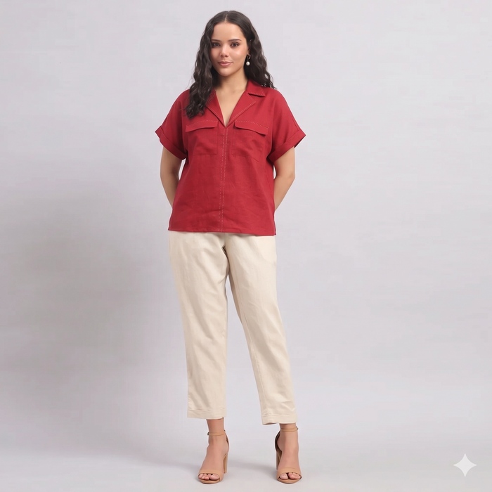 Linen Safari Shirt in Lipstick Red