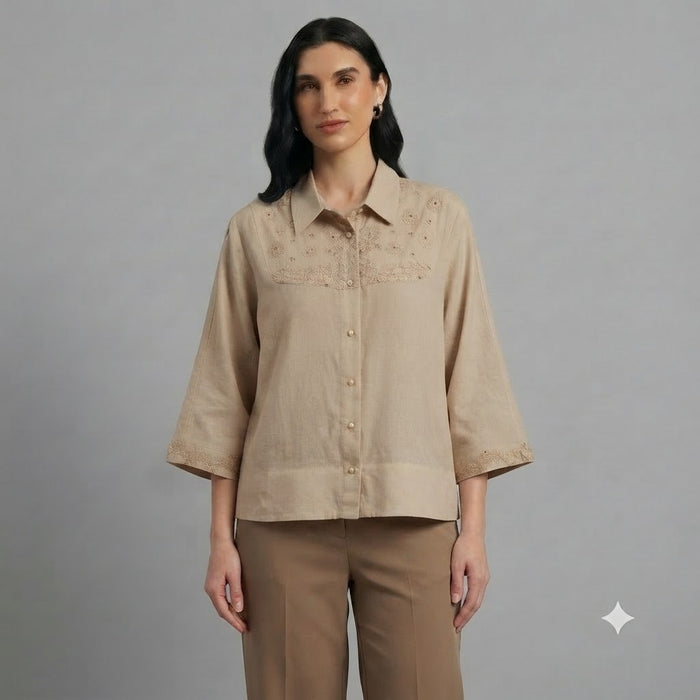Alina Embroidery Shirt in Beige
