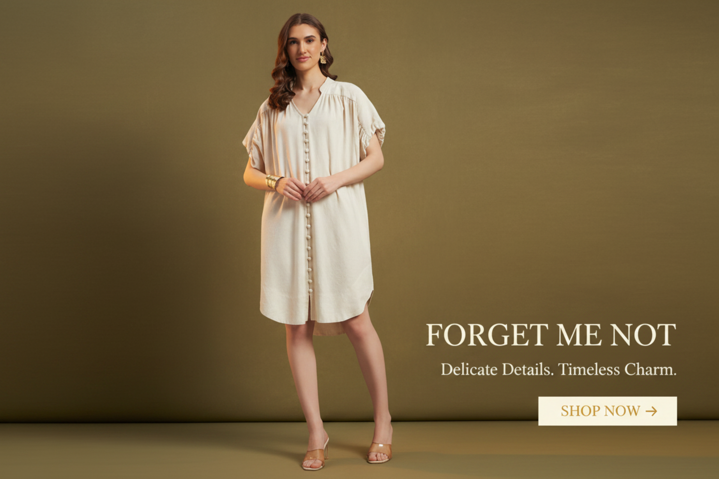 Woman wearing a light-colored dress against a brown background with 'Forget Me Not' branding.