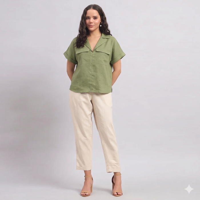Linen Safari Shirt in Avocado Green