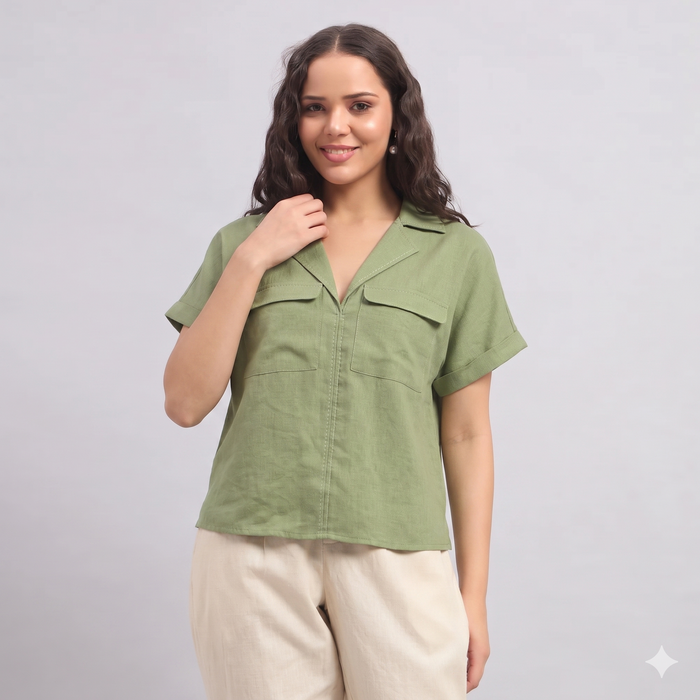 Linen Safari Shirt in Avocado Green